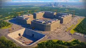 Illustration of the Beijing Military City, a massive fortress ten times the size of the Pentagon. Image generated by AI.