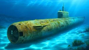 Illustration de l'épave du sous-marin Floréal, découverte en mer Égée, générée par intelligence artificielle.