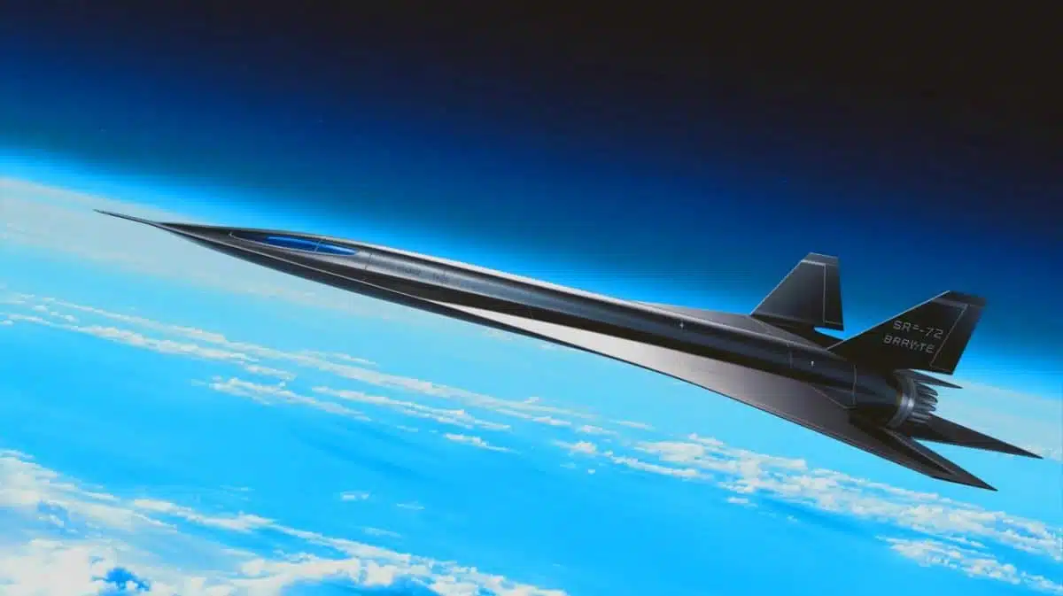 Illustration of the conceptual SR-72 "Darkstar" hypersonic aircraft, generated by artificial intelligence.