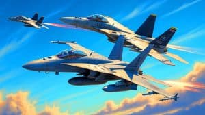Illustration de l'affrontement théorique entre un F/A-18 Super Hornet et un F-15 Eagle en dogfight. Image réalisée par IA.