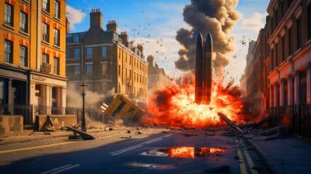 Illustration de l'attaque des fusées V2 sur Londres, générée par intelligence artificielle.