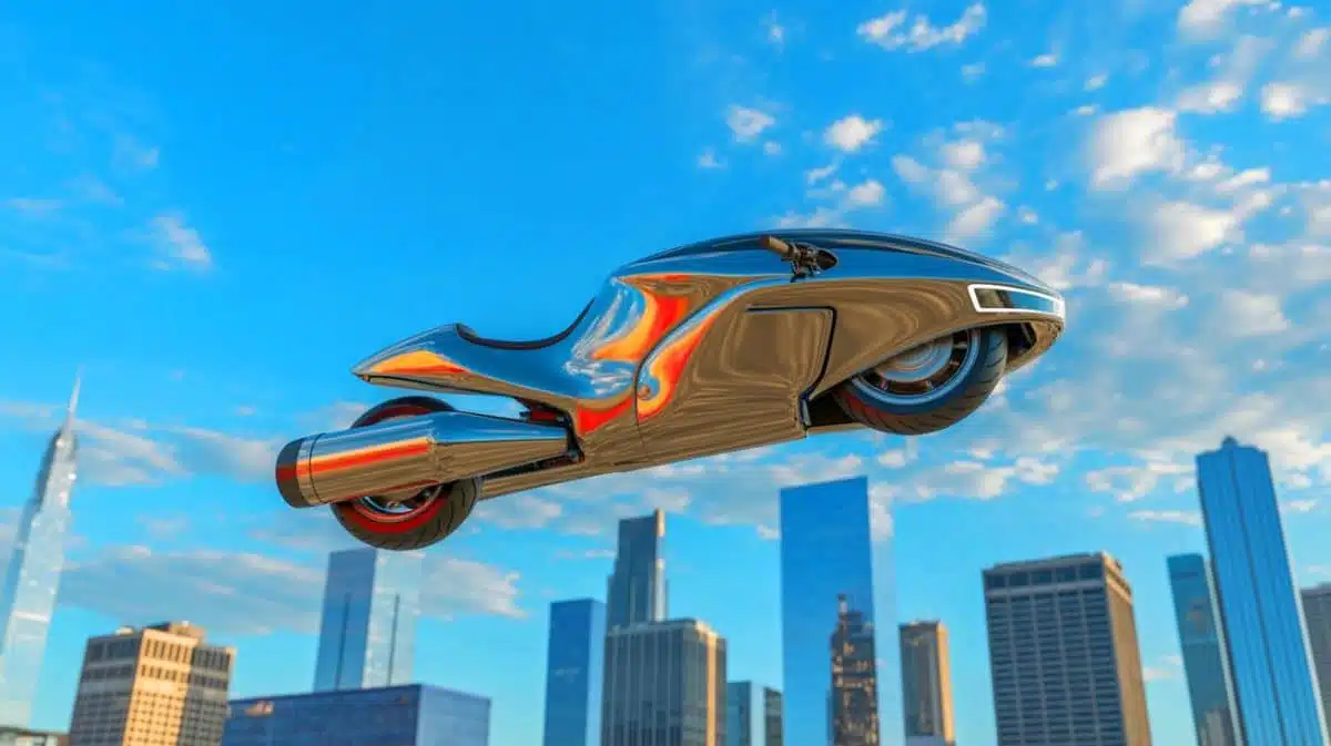 Illustration of the Volonaut Airbike, a revolutionary flying motorcycle designed for urban innovation.