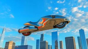 Illustration of the Volonaut Airbike, a revolutionary flying motorcycle designed for urban innovation.