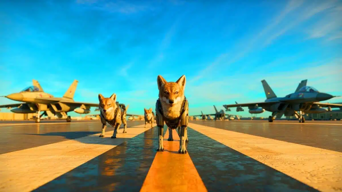 Illustration de coyotes robotiques patrouillant sur une base aérienne, générée par intelligence artificielle.