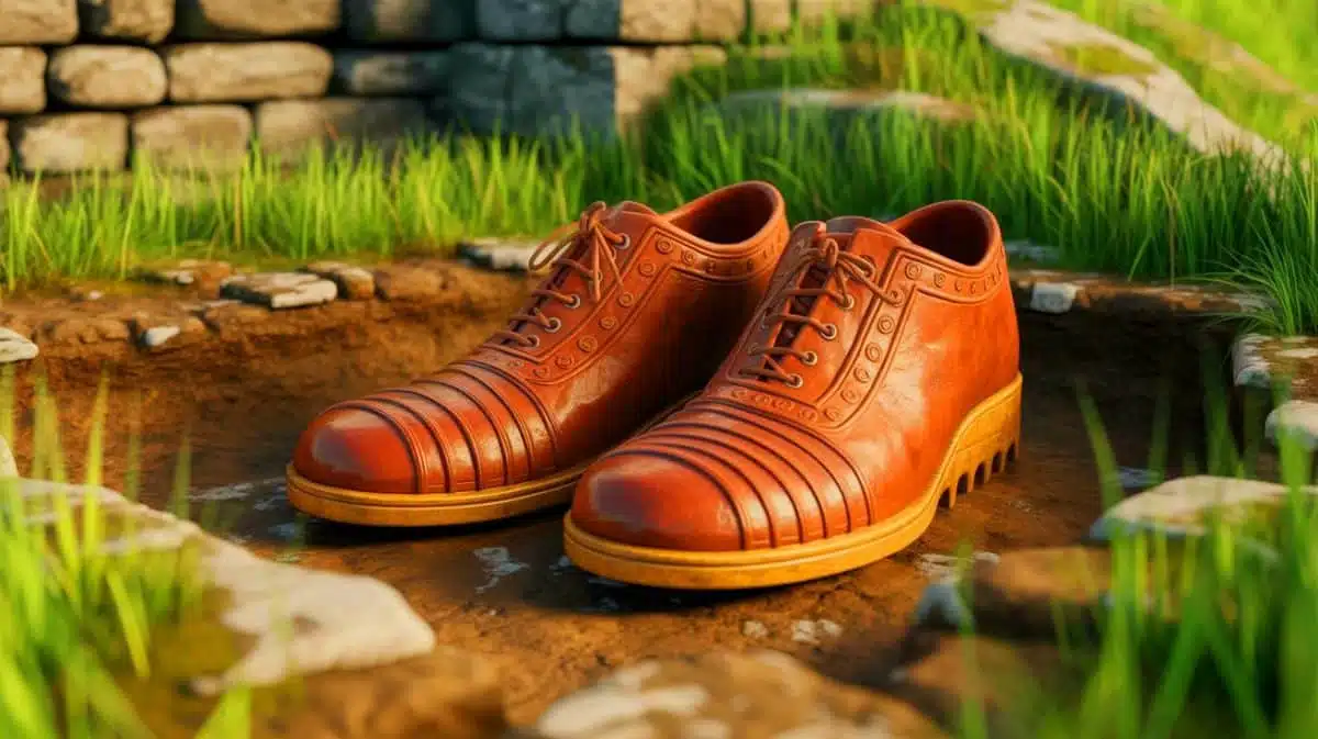 Illustration de la découverte archéologique de chaussures romaines surdimensionnées près du mur d'Hadrien, générée par intelligence artificielle.