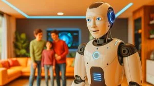 Illustration von einem humanoiden Roboter in einer häuslichen Umgebung.