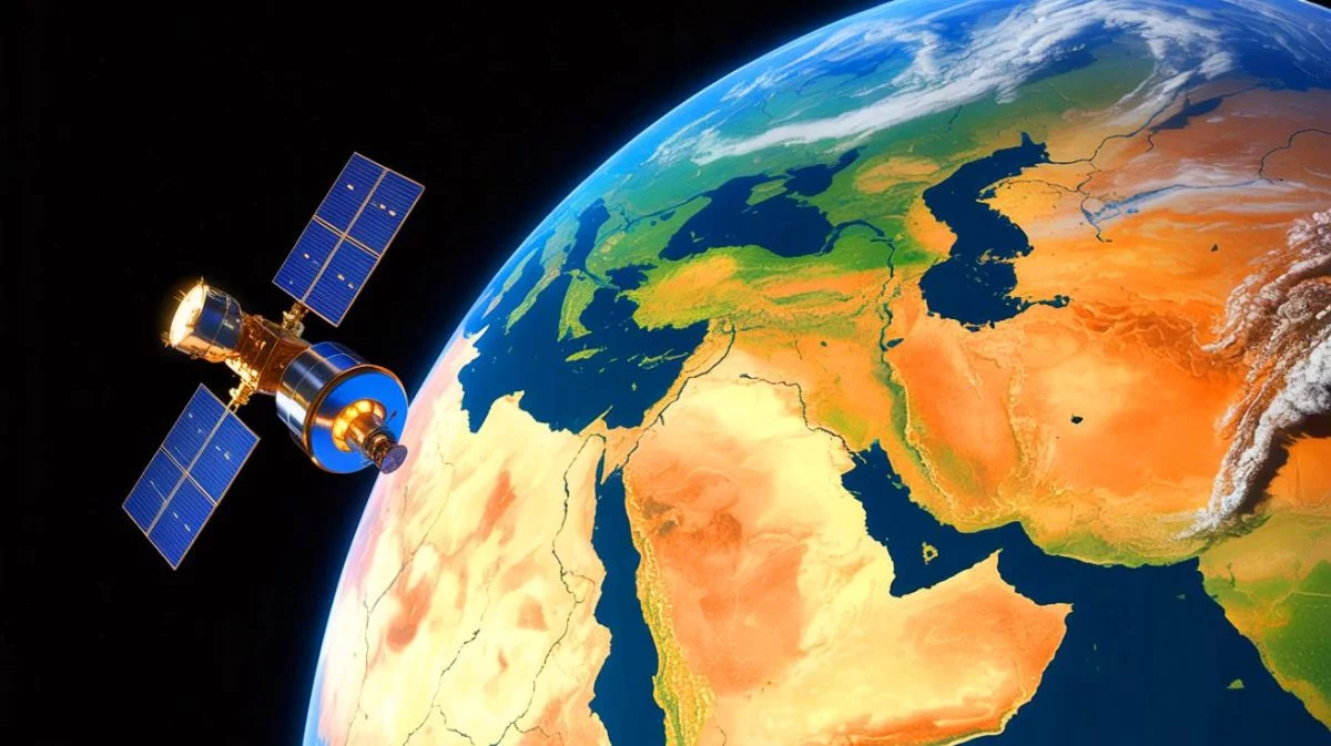 Illustration of Starlink satellites orbiting Earth, providing internet access to Iran amidst geopolitical tensions.