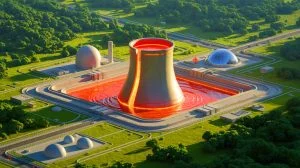 Illustration of a molten salt reactor transforming nuclear waste into energy, generated by artificial intelligence.
