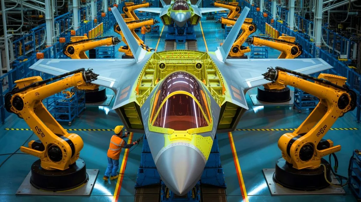 Illustration of an F-35 Lightning II center fuselage being assembled, generated by artificial intelligence.
