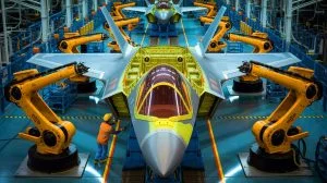 Illustration of an F-35 Lightning II center fuselage being assembled, generated by artificial intelligence.