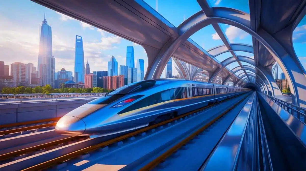 Illustration of the T-Flight supersonic train connecting major Chinese cities, generated by artificial intelligence.