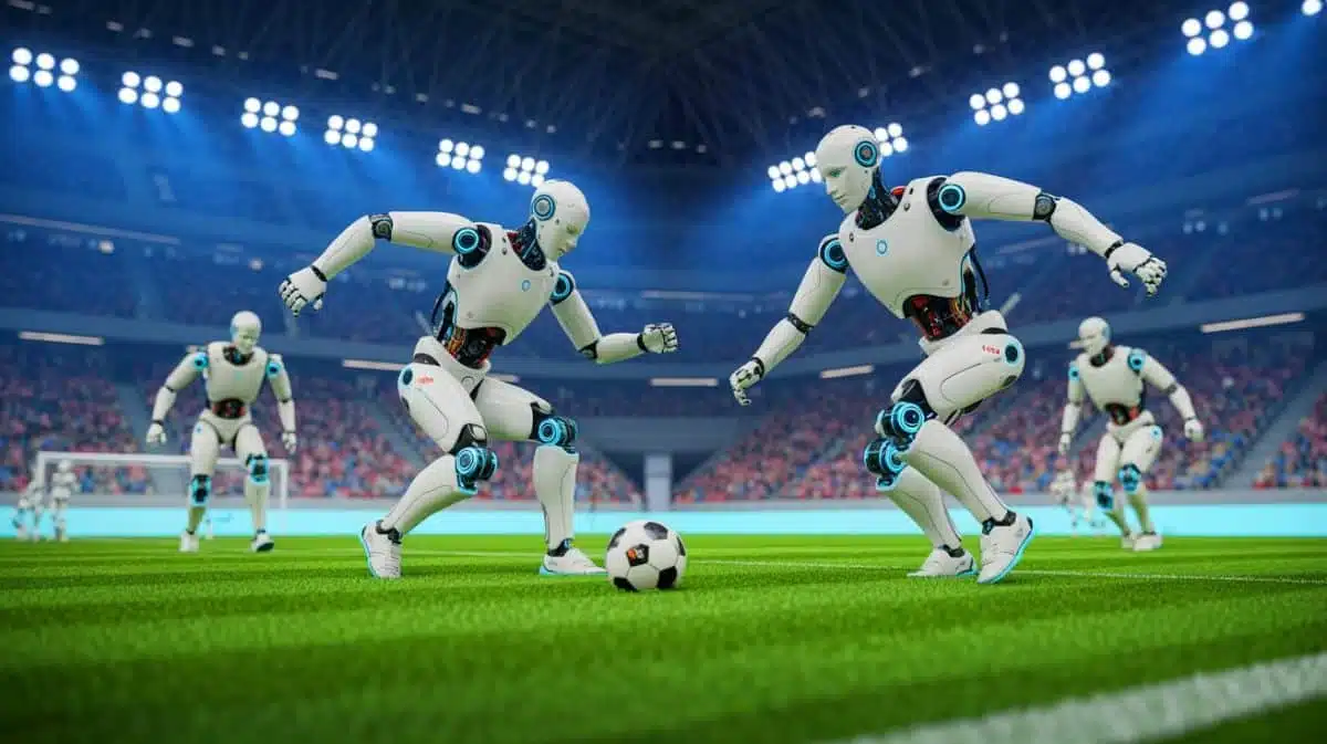 Illustration of the world's first fully autonomous AI robot football match in China. Image generated by AI.