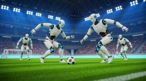 Illustration of the world's first fully autonomous AI robot football match in China. Image generated by AI.