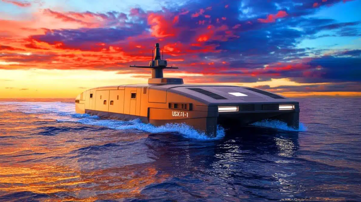 Illustration of the USX-1 Defiant, an autonomous naval vessel developed by DARPA, preparing for sea trials.