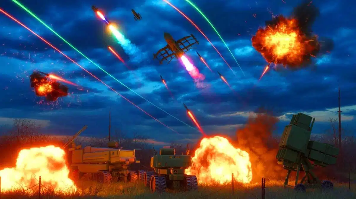 Illustration of Russia's massive aerial assault on Ukraine using drones and missiles, generated by artificial intelligence.