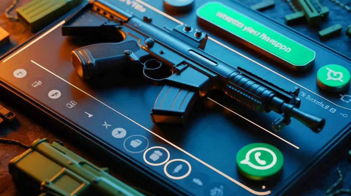 Illustration of arms dealers linked to Yemen's Houthi rebels using social media platforms to traffic weapons, generated by artificial intelligence.