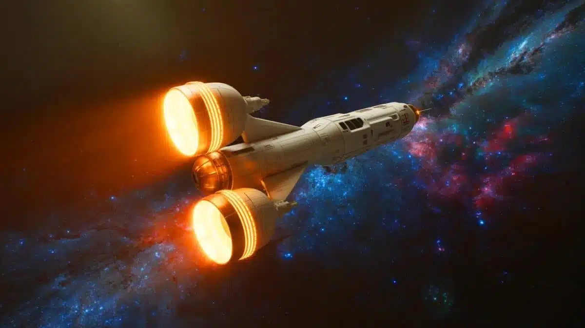 Illustration of a revolutionary propulsion technology generating thrust without propellant, created by artificial intelligence.
