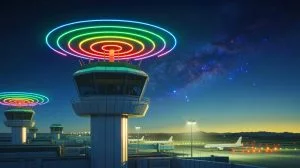 Illustration de radars d'aéroports émettant des ondes radio dans l'espace, générée par intelligence artificielle.