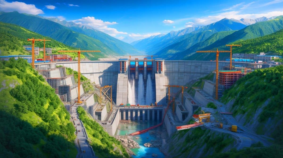 Illustration d'un barrage hydroélectrique géant en construction sur le Yarlung Tsangpo, générée par intelligence artificielle.