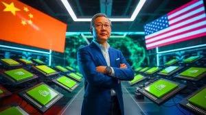 Illustration de Jensen Huang, PDG de Nvidia, s'exprimant sur l'utilisation de puces par l'armée chinoise, générée par intelligence artificielle.