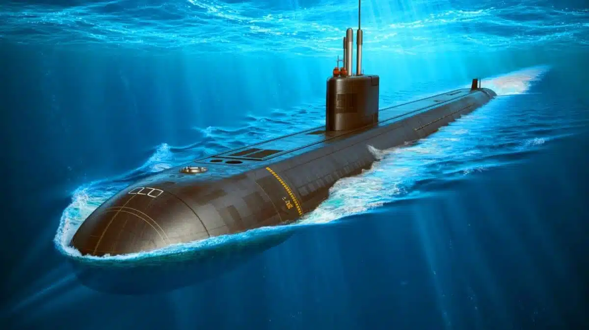 Illustration de la puissance et des capacités du sous-marin Virginia Block V, générée par intelligence artificielle.