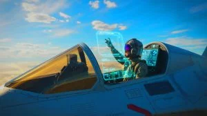 Illustration de l'intérieur futuriste d'un cockpit d'avion de chasse, créée par intelligence artificielle.
