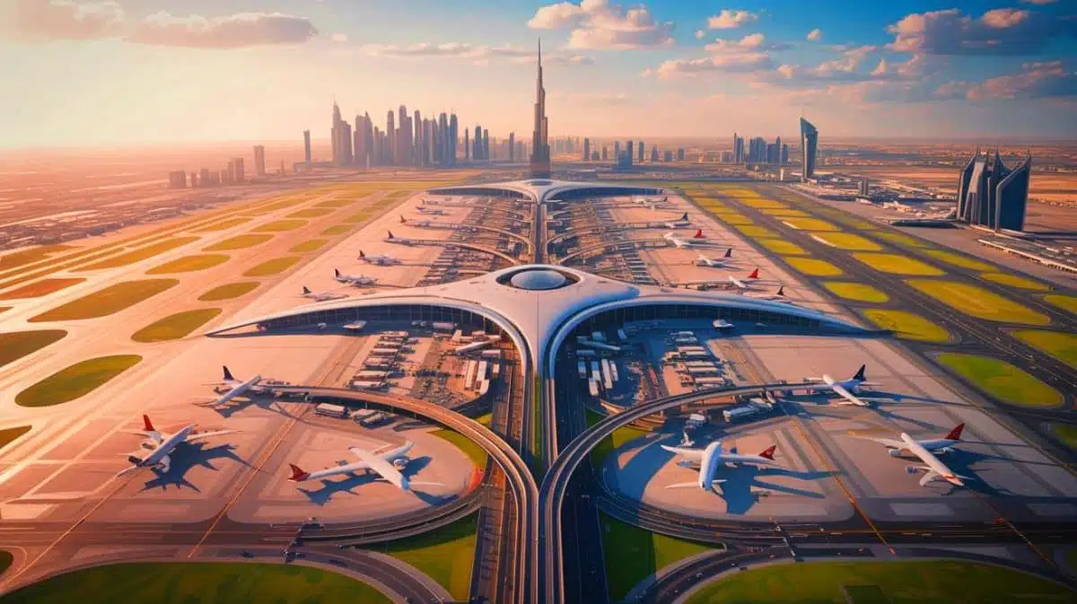 Illustration de l'expansion future de l'aéroport Al Maktoum à Dubaï, créée par intelligence artificielle.