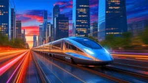 Illustration de l'innovation technologique du train magnétique T-Flight atteignant des vitesses record, créée par intelligence artificielle.