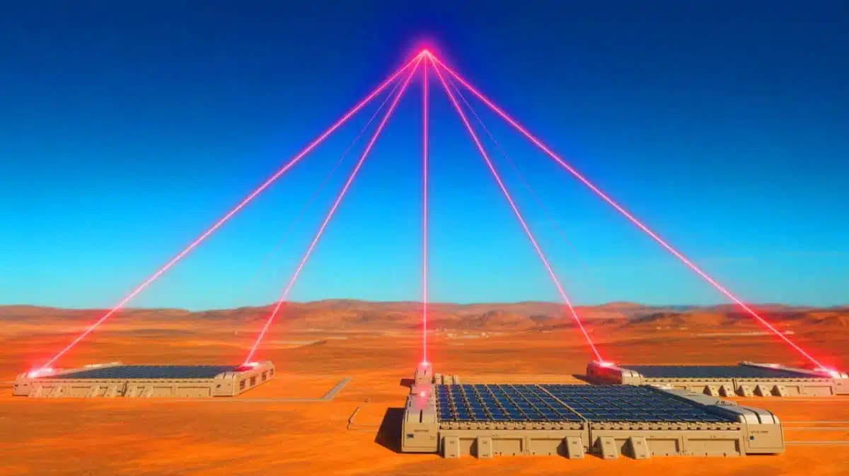 Illustration de la transmission d'énergie optique à longue distance par la DARPA, générée par intelligence artificielle.