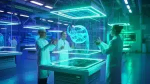 Illustration de la création de hologrammes 3D par intrication quantique, générée par intelligence artificielle.