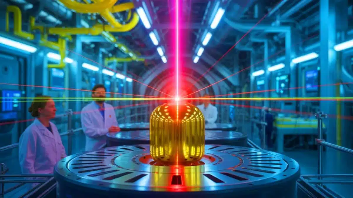 Illustration de la National Ignition Facility atteignant un rendement record de fusion nucléaire, créée par intelligence artificielle.