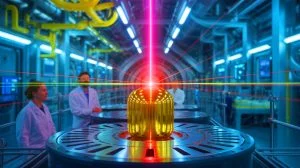 Illustration de la National Ignition Facility atteignant un rendement record de fusion nucléaire, créée par intelligence artificielle.
