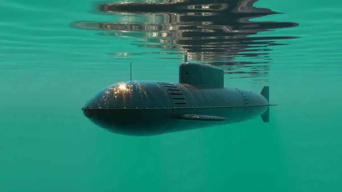 Illustration of a homemade submarine named Big Black Fish, crafted by a retired Chinese farmer, diving into the Fengle River.