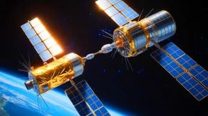 Illustration de la manœuvre de ravitaillement en orbite des satellites chinois Shijian-21 et Shijian-25, générée par intelligence artificielle.