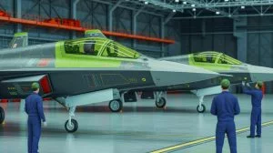 Illustration de l'apparition inattendue des chasseurs J-35 dans un hangar chinois, générée par intelligence artificielle.