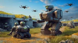 Illustration de l'opération militaire ukrainienne entièrement robotisée, générée par intelligence artificielle.