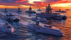 Illustration of autonomous naval battle groups with robotic vessels, generated by artificial intelligence.