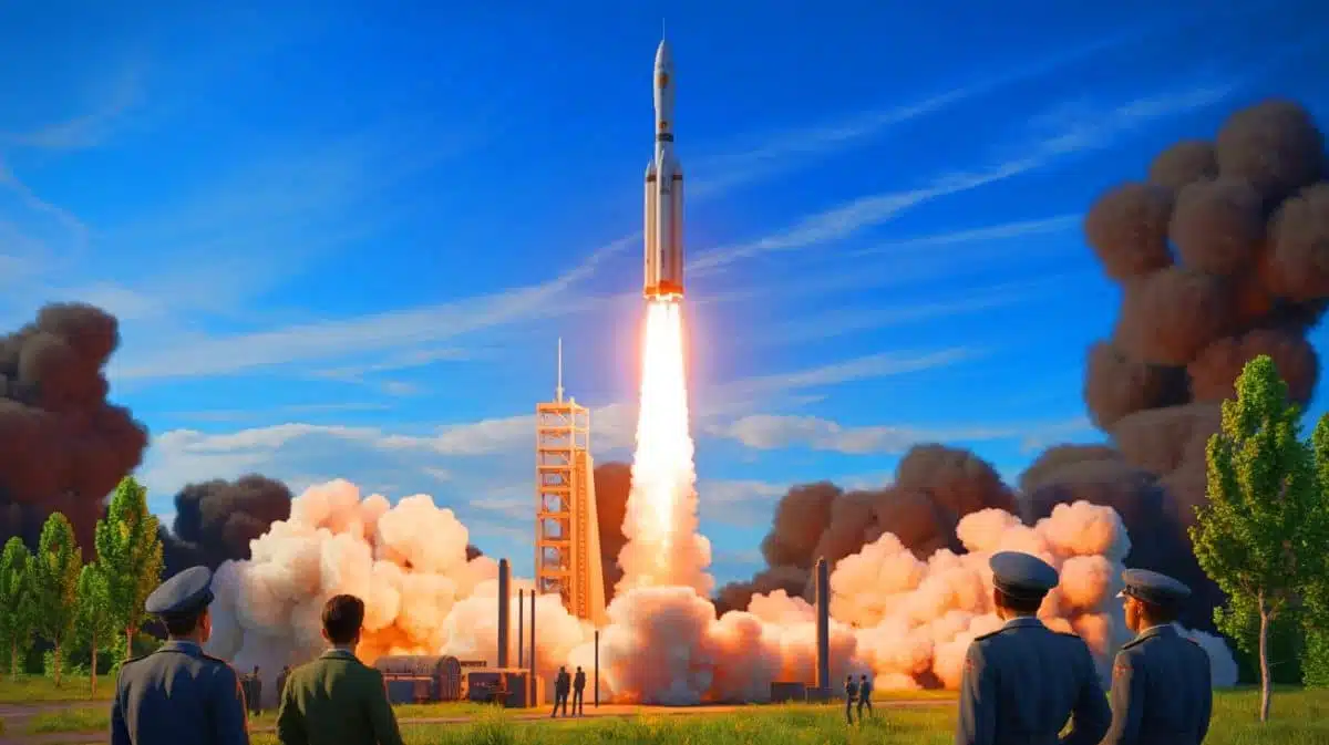 Illustration of the V-2 rocket launch at Peenemünde, demonstrating the technological advancements of Nazi Germany's ballistic missile program.