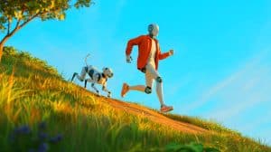 Illustration of Uncle Bot, a humanoid robot in dadcore fashion, jogging with lifelike agility; this is an artificial illustration.