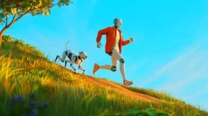 Illustration of Uncle Bot, a humanoid robot in dadcore fashion, jogging with lifelike agility; this is an artificial illustration.