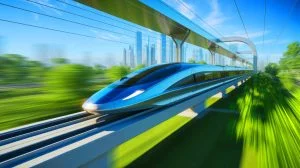 Illustration of China's ultra-high-speed maglev train in a futuristic landscape, generated by artificial intelligence.