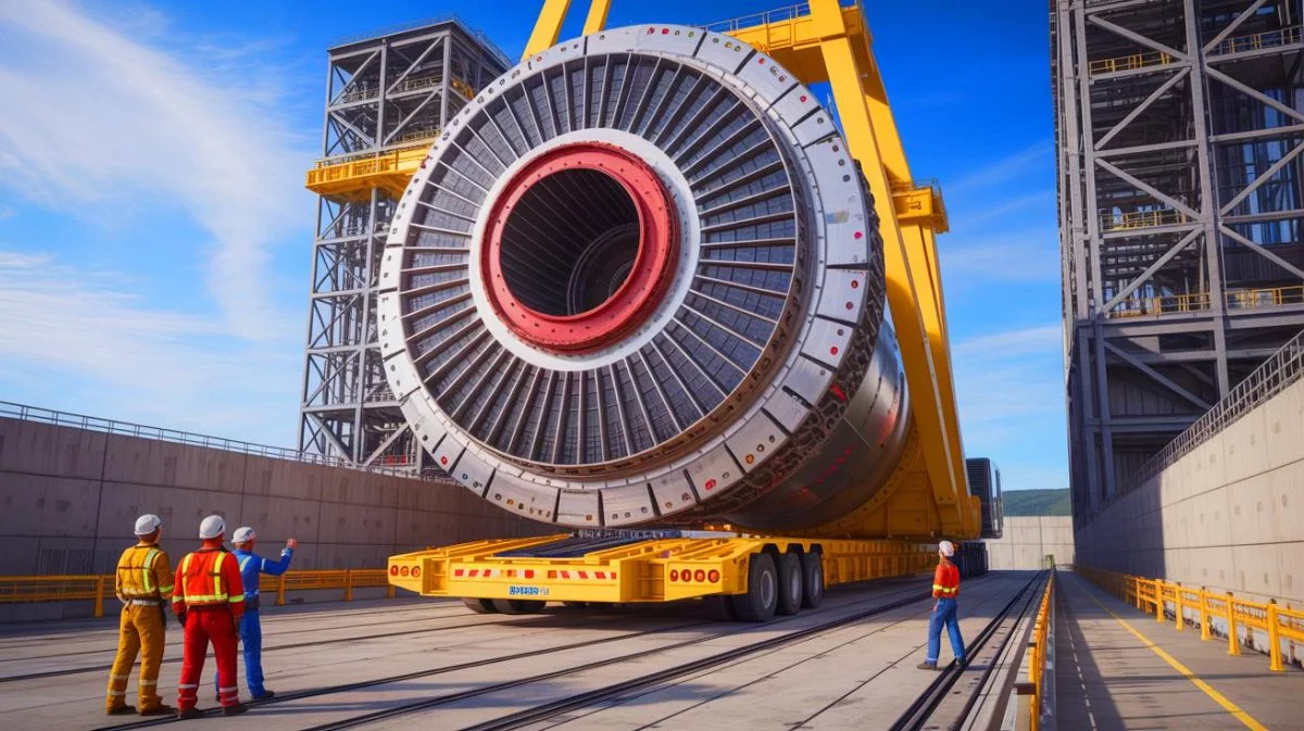 Illustration of the ITER fusion reactor component delivery from China to France, highlighting international collaboration and nuclear fusion efforts.