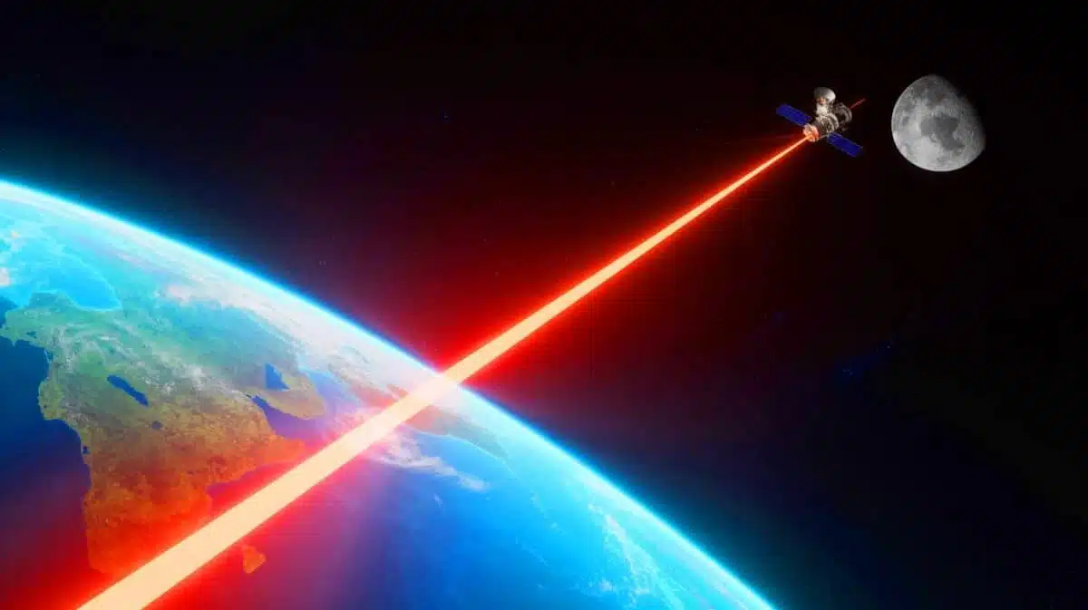 Illustration of China's historic achievement in firing a precision laser at a lunar satellite in broad daylight, created by artificial intelligence.