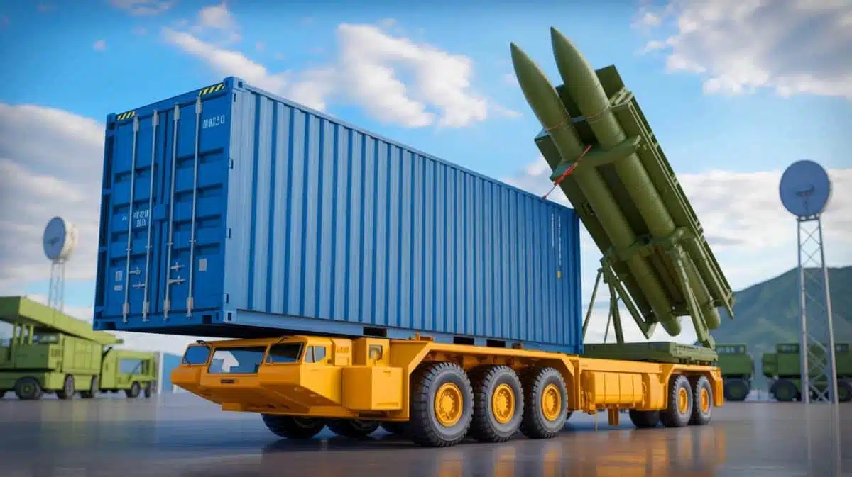 Illustration of Turkey's innovative missile launch system using cargo containers, generated by artificial intelligence.