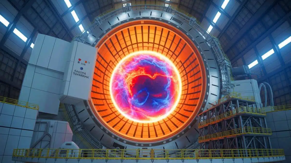 Illustration of China's "artificial sun" achieving a record 1,066 seconds of stable plasma, generated by artificial intelligence.