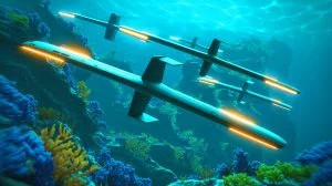Illustration of AI-driven autonomous gliders revolutionizing underwater security systems.
