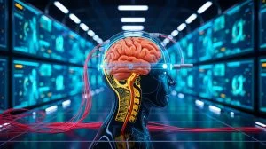 Illustration de l'interaction entre le cerveau humain et une interface numérique, générée par intelligence artificielle.