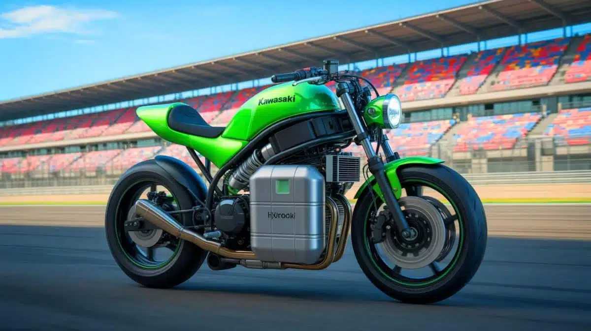 Illustration of Kawasaki's groundbreaking hydrogen-powered motorcycle showcased at the Suzuka Circuit, created as an artificial illustration.