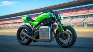 Illustration of Kawasaki's groundbreaking hydrogen-powered motorcycle showcased at the Suzuka Circuit, created as an artificial illustration.
