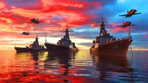 Illustration de la montée en puissance militaire du Japon face aux menaces en Indo-Pacifique, générée par intelligence artificielle.